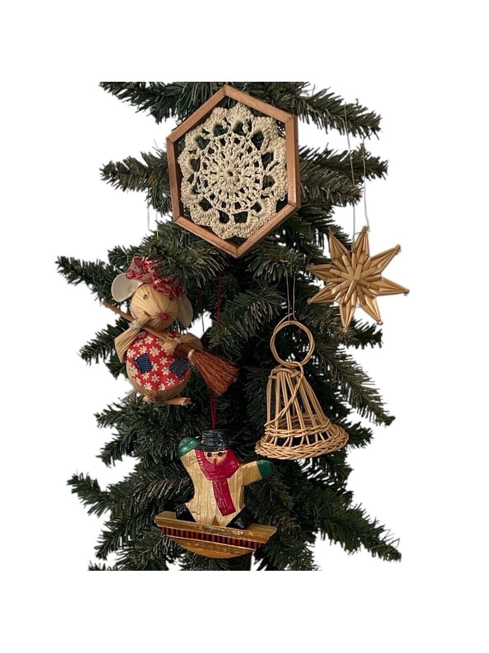 Set of 5 Straw and Wood Christmas Ornaments Vintage